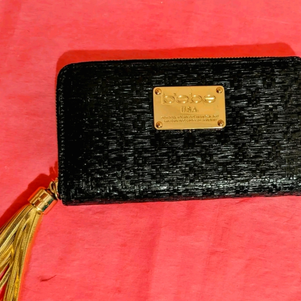 Bebe Vegan Black Gold Tassel Zip Around Wallet Organizer Clutch 